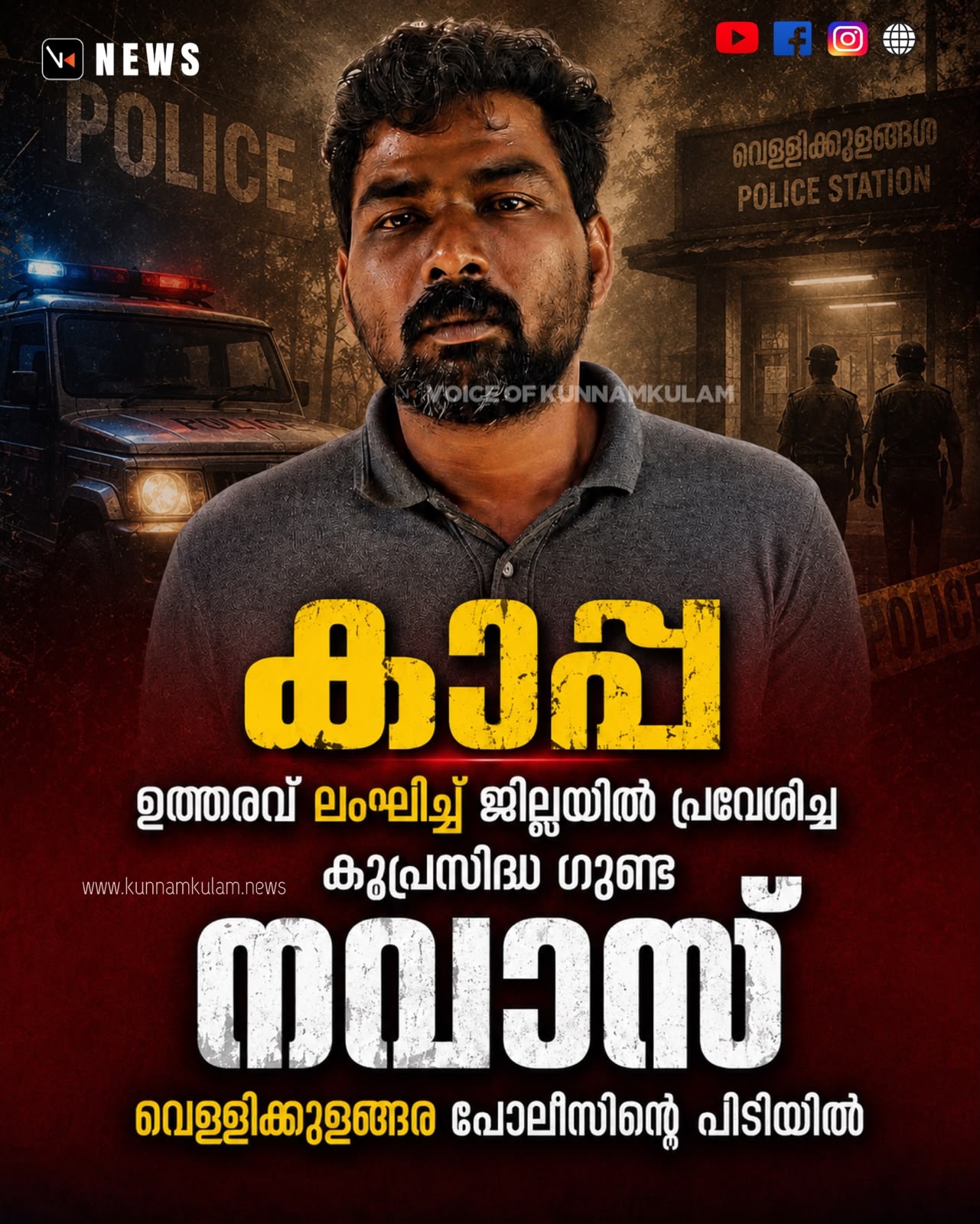 കാപ്പ ഉത്തരവ്‌ ലഘിച്ച്‌ ജില്ലയിൽ പ്രവേശിച്ച കുപ്രസിദ്ധ ഗുണ്ട നവാസ്‌ വെള്ളിക്കുളങ്ങര പോലീസിന്റെ പിടിയിൽ