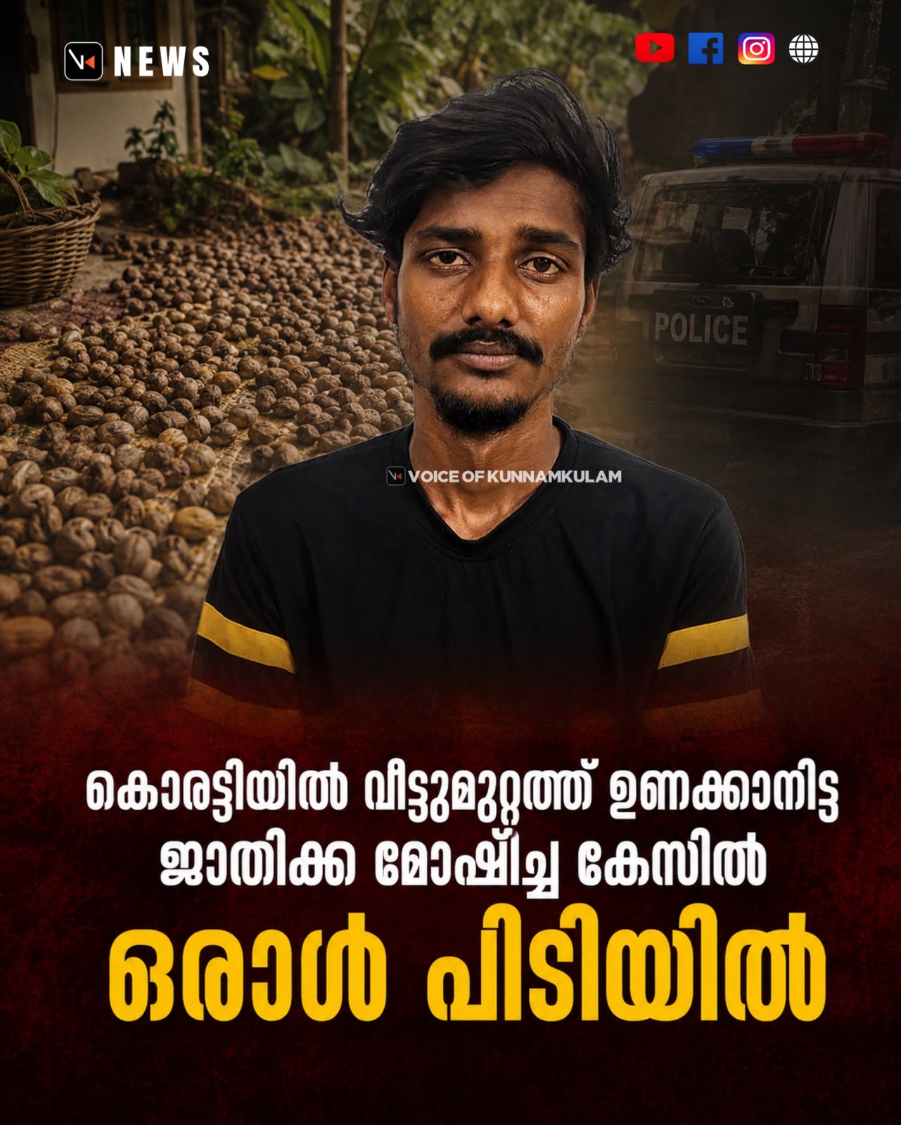കൊരട്ടിയിൽ വീട്ടുമുറ്റത്ത് ഉണക്കാനിട്ട ജാതിക്ക മോഷ്ടിച്ച കേസിൽ ഒരാൾ അറസ്റ്റിൽ