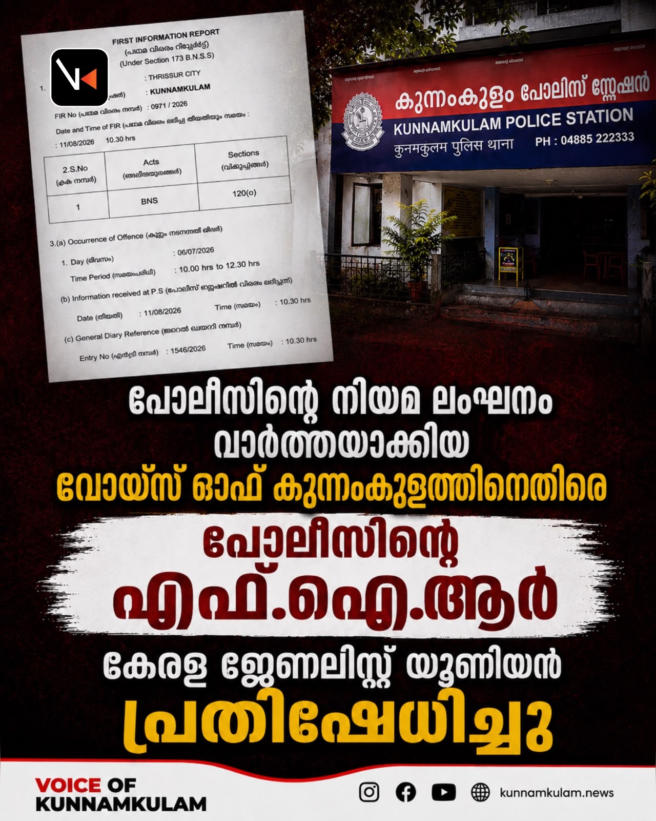 പോലീസിന്റെ നിയമ ലംഘനം വാർത്തയാക്കിയ വോയ്സ്‌ ഓഫ്‌ കുന്നംകുളത്തിനെതിരെ പോലീസിന്റെ എഫ്‌.ഐ.ആർ: കേരള ജേണലിസ്റ്റ്‌ യൂണിയൻ പ്രതിഷേധിച്ചു
