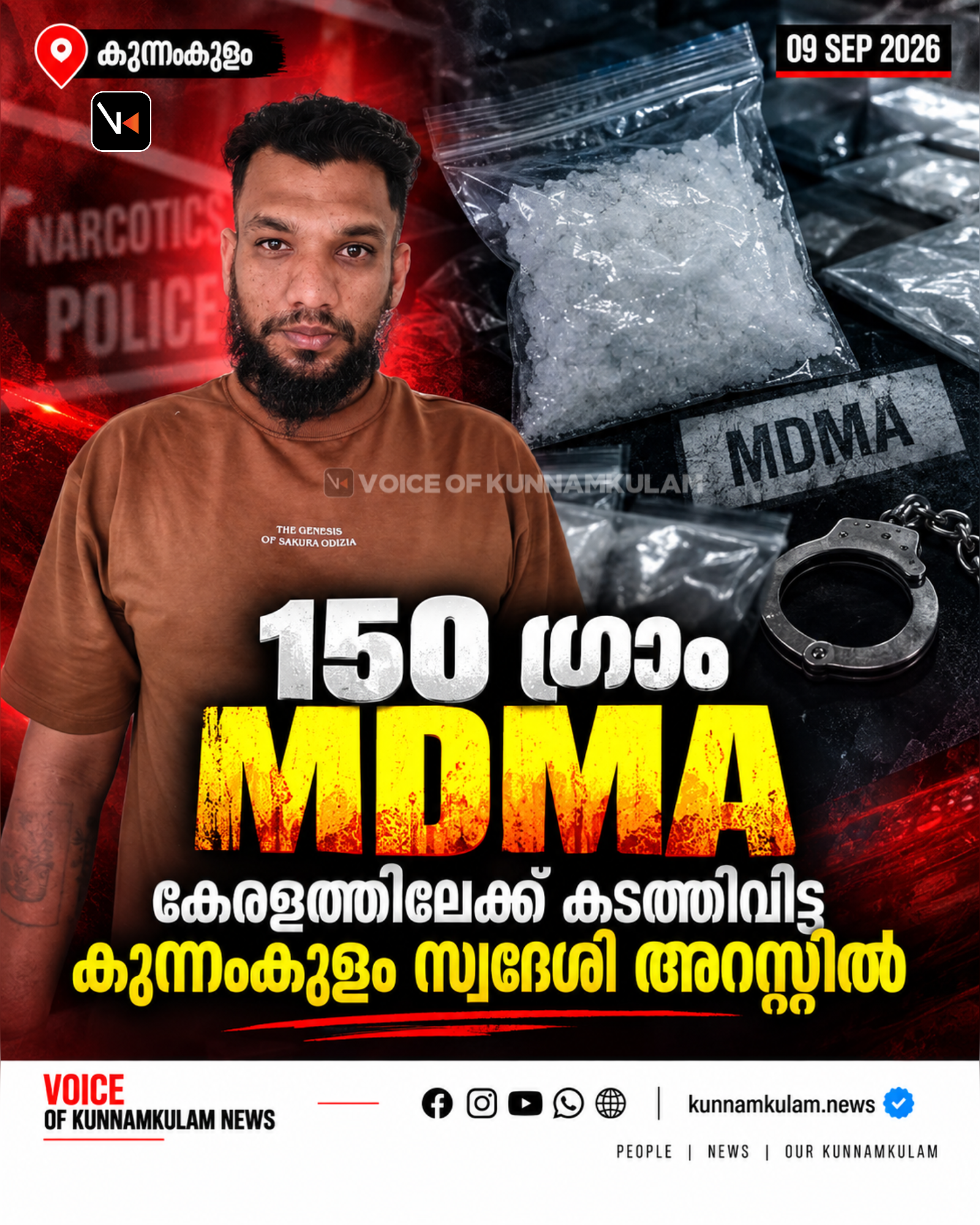 150 ഗ്രാം MDMA കേരളത്തിലേക്ക്‌ കടത്തിവിട്ടകുന്നംകുളം സ്വദേശി അറസ്റ്റിൽ